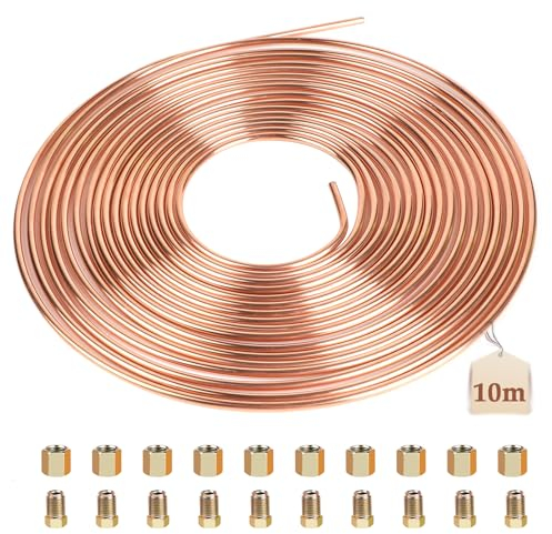 LALAGO Tubo di Freno in Rame, 10m Ø3/16 (4,75mm), con 20 Dadi, Linea del Freno in Acciaio con Rame, Tubo in Acciaio Rivestito in Rame per Tubo di Freno, Kit di Linee Freno Generale per Automobile