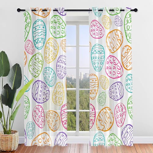 ENEN 2er Set Scheibengardinen 3D Osterei Halbtransparent Bistrogardine, Schlaufengardinen Gardinen Küche, Türgardine für Küche Wohnzimmer Landhaus (55x95cm,Bunt)