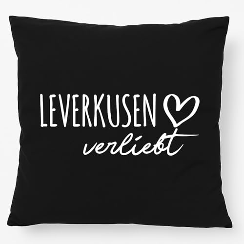 Huuraa Kissen Leverkusen verliebt Geschenk | 40x40cm mit Füllung Black Baumwolle Dekokissen Geschenkidee Schwarzes Sofakissen dekoratives Zierkissen