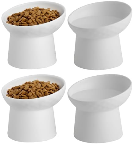 KITCHENLESTAR 4 kleine Keramik-Katzennäpfe, erhöht, geneigt, erhöhter Futter- oder Wassernapf, stressfrei, Rückflussverhinderung, spülmaschinen- und mikrowellengeeignet, blei- und cadmiumfrei (4 Stück