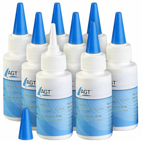 AGT Stoff-Kleber: 8er-Set Textilkleber, schnell trocknend und hitzebeständig, 8x 60 ml (Jeans-Kleber, Bügelfester Textilkleber, Nähset)