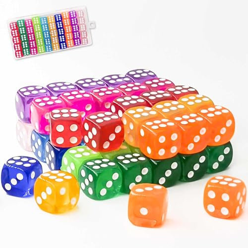 WUGAUWOR 50 Stück 14MM Bunt Würfel Set mit Kunststoffkoffer, D6 Dice Set, Mini Standard Spiel Würfel, 10 Farben Durchsichtige Spielwürfel, 6-seitige Farbwürfel für Yahtzee, Spiele, Mathe Klassen
