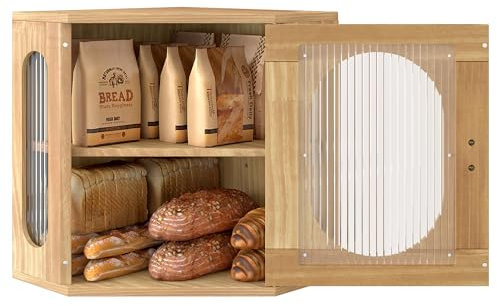 Alpeir Boîte à pain d'angle en bois massif double couche réglable, grande capacité, organiseur de comptoir de cuisine vintage avec fenêtre en acrylique, originale