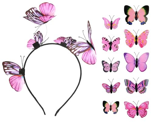 Schmetterling Haarreif, 10 Schmetterling Haarspange und 1 Schmetterling Haarreif Stirnband Party Haarreif Kopfschmuck Stirnband Accessoires für Karneval Ostern Kostüm Hochzeit Kopfbedeckung (Pink)