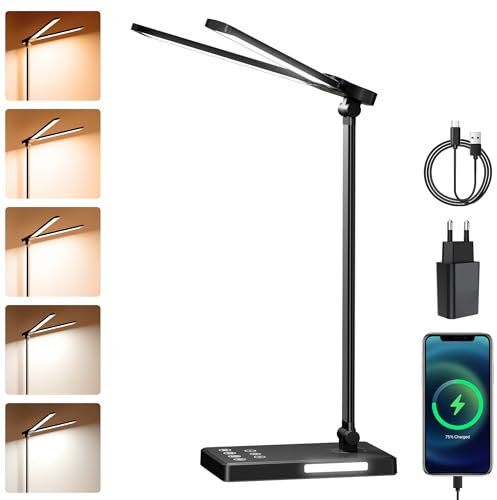 Bazcuka Lámpara Escritorio LED, Cabeza Doble Lampara LED con Enchufe, Lámpara Escritorio Estudio, Cuidado Ocular Lámpara USB para Lectura Oficina