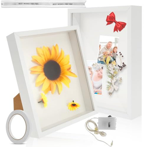 2 Pcs Shadow Box Frame for Crafts 3D Deep 20x25 Cm Picture Frame Wooden Display Cases Decorative Multifunctional Shadowbox Picture Frame with Light Strip for Memorabilia Tickets Crafts Medal Flower