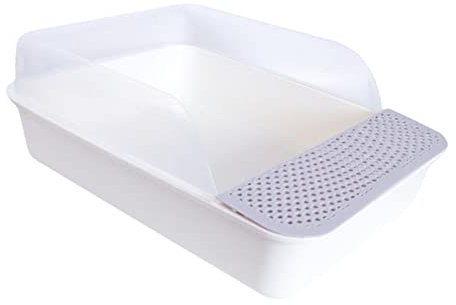 Bac à litière pour chat avec couvercle ouvert - Bac à sable robuste pour lapin, chats d'intérieur - Gris et blanc - Taille S