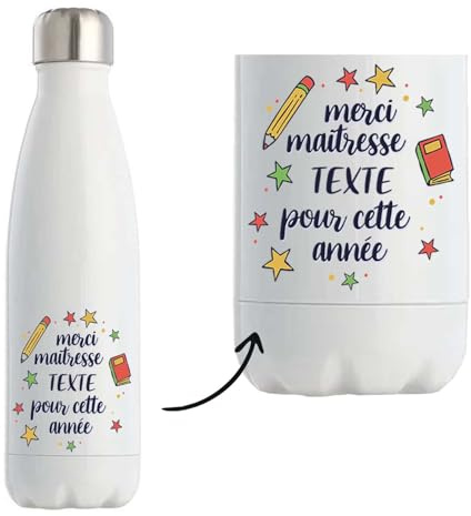Planetee Bouteille isotherme Personnalisable Merci Maitresse étoiles| Gourde Originale Cadeau Remerciement fin d'Années Maitresse d'école Maternelle Professeur Institutrice Prof Noël