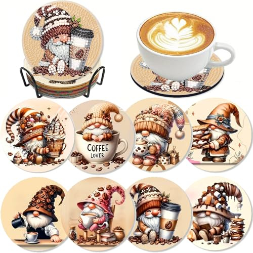 8 Pcs 5D Diamond Art Coasters Kits with Holder, Gnome Coffee Diamonds Painting Coasters Set for Adults, Small Mini Diamond Dots Kit for Beginners DIY Art Craft Home Decor