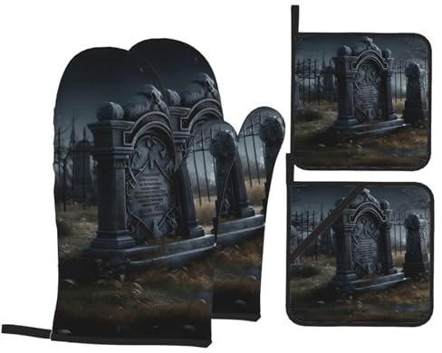 Mitaines De Four Impression De Pierre Tombale De Cimetière Professionnel Gauntlet Anti Chaleur Maniques Cuisine pour Four Grillade Barbecue,4 Pièces