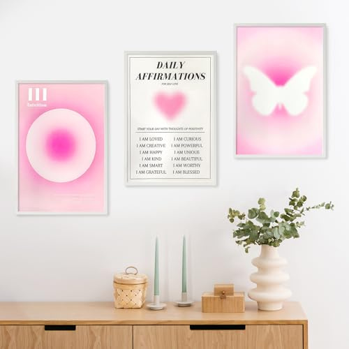 LECTNORE 3er-Set minimalistischer rosa Wandbilder, ästhetisch, 30 x 40 cm, ungerahmt, Motivierende Zitate für Mädchenzimmer, Wohnheim, Badezimmer, Heimdekoration