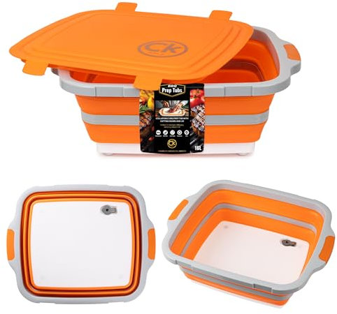 CK GOLD Collapsible BBQ Prep Tub XL with Locking Lid & Drain Hole | Meat Marinating Container with Cutting Board | BPA-Free Food-Grade Prep Tubs for Grilling, Camping & Outdoor Cooking (Orange, 16 L)
