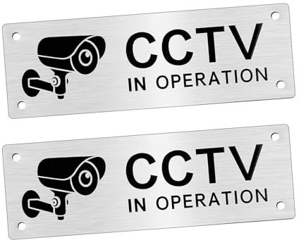 2 PCS CCTV Sign,15x5cm Aluminium CCTV IN OPERATION Sign Sticker,Aluminum with Self-Adhesive and Pre-Drilled Holes For House and Business Indoor or Outdoor Use