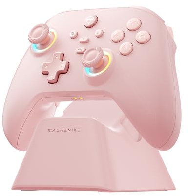 Machenike G3V2 Gaming Controller PC with Charging Dock, Force-Adjustable Joystick, Wireless PC Controller for Switch 2,Switch,iOS,Android, 1000Hz Polling Rate and 1000mAh, RGB Lighning, Pink