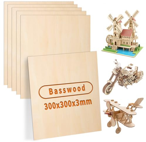 ddckj Plywoodskiva 3 mm plywood 30 x 30 cm 6 stycken laser trä lind spånskiva för gör-det-själv brandmålning målning laserbearbetning hantverk modellbygge tomma träplattor