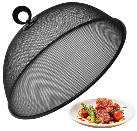 Mesh Food Cover Dome 27cm - Iron Mesh Dome Food Net Protector, Fruit Dustproof Cover, Round Mesh Screen Food Tent, for Outdoors, Parties, BBQ Dish Storage Desktop Black, Keeps Out FliesBugs