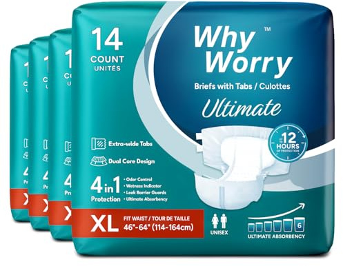 WhyWorry Ultimate Windeln für Erwachsene, Inkontinenz Slip für Frauen und Männer, Erwachsenen Windel mit ultimativ Saugfähigkeit, Auslaufschutz über Nacht, Größe XL, 56 Stück (4 Packungen von 14)