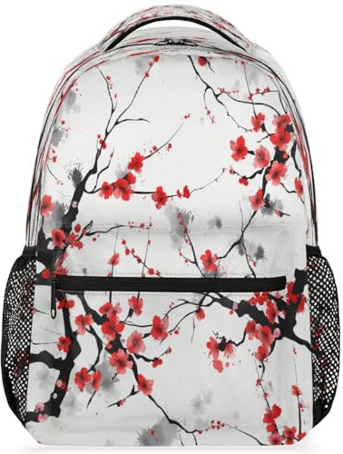 Sac à dos léger pour ordinateur portable avec imprimé fleur de prunier rouge et peinture chinoise