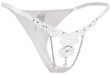 ohyeahlady Mini String Ficelle Femme Ouvert Chic Hot String Ficelle Fendue Strass Broderie Bikini Grande Taille Tanga sans Couture Coton Culotte Slips Tenu Thong T-Back sous Vetement L,Blanc
