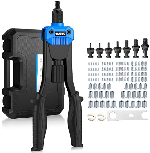 eSynic 13 Pince à Insert Fileté avec 7 Mandrins M3 M4 M5 M6 M8 M10 M12 avec 110 Écrous Pince à Riveter Riveteuse Poignée Antidérapante Remplacement Aisé Pince à Rivet Insert avec Tui de Transport