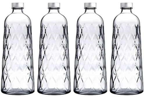 Queensway Home & Dining 1L Embossed Glass Water Bottle Carafe with Lid – Leafy Pattern Drink Jug for Juice, Milk, Wine & Beverages – Elegant Reusable Pitcher for Home & Parties (Set of 4)