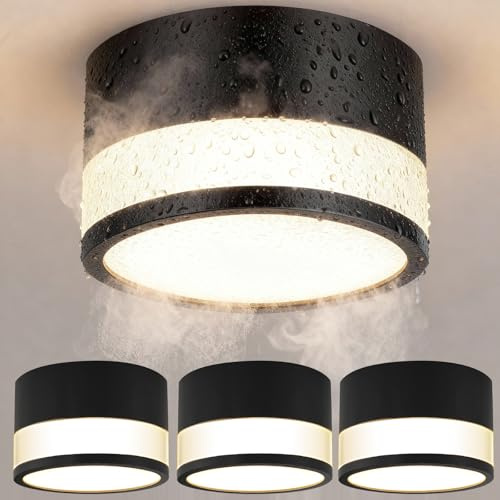 ZIZZLER 4er IP44 Wasserdichte Deckenleuchte Aufputz Schwarz für Bad Küchen, LED Aufbauspots Warmweiß 3000K für Wohnzimmer Flur, 12W 1100LM Aufbaustrahler Deckenspot 230V Feuchtraum, Rund Ø100mm*63mm