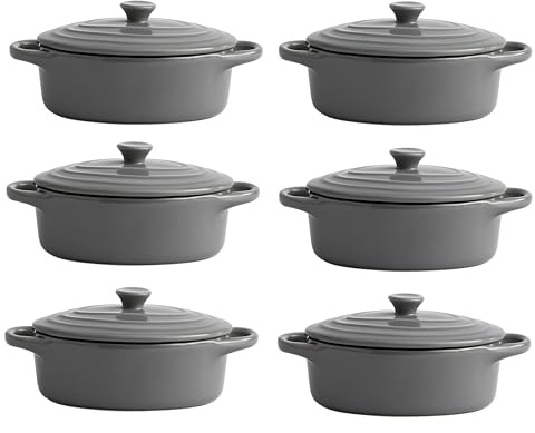 Mini Cocottes Gris en Céramique Double Poignées avec Couvercle – 12,5 x 7,5 cm – Lot de 6, Hobby Tech