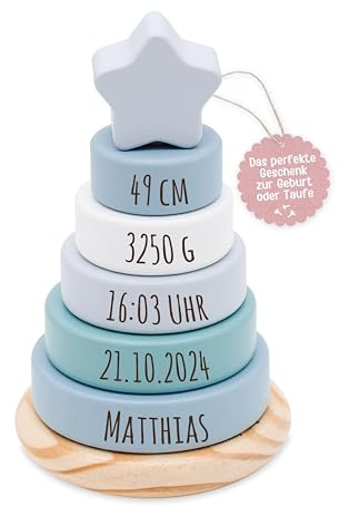 wunderwunsch smallfoot Stapelturm personalisiert, Motorikspielzeug für Kinder, Motorikwürfel Baby, Geschenk zur Geburt, Geburtstagsgeschenk mit Namen (blau)
