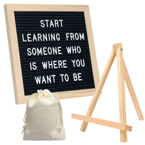 Lavagna per lettere, 25 x 25 cm, in feltro con cavalletto e 400 lettere, in legno nero, per cucina, ufficio, matrimoni