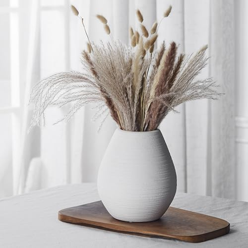 21,5 cm Pampasgras Matte Keramik Runde Vase, Modernes Design, Boho Home Decor, Einfach Nordic Stil, Ästhetik, Wohnzimmer, Hochzeiten, Schlafzimmer Dekoration Vase, Hochwertige Handarbeit (Weiß)