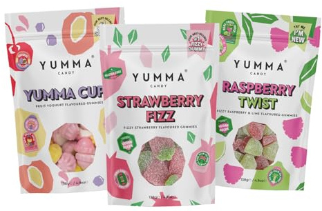 Yumma Candy - Mixed Bundle 3 Pack, Strawberry Fizz, Yumma Cups & Raspberry Twist - Gluten Free, Palm Oil Free - Made with Real Fruit Juice, Natural Flavoured Gummies - 3 x 138g Bags