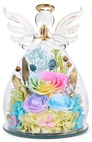 FIACO Gifts for Women Birthday Preserved Rose Forever Flower in Glass Angel Figurines Fresh Flowers for Delivery Prime for Mom Real Orange Roses for Grandma Sister Wife Her from Daughter