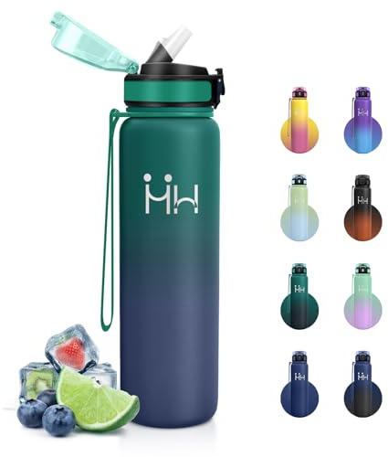 Botella Agua Acero Inoxidable 1 Litro, Botella con Pajita, Cantimplora Térmica sin BPA, a Prueba de Fugas, Doble Pared al Vacío, Termo para Gimnasio, Viaje, Camping, Ciclismo, Adulto