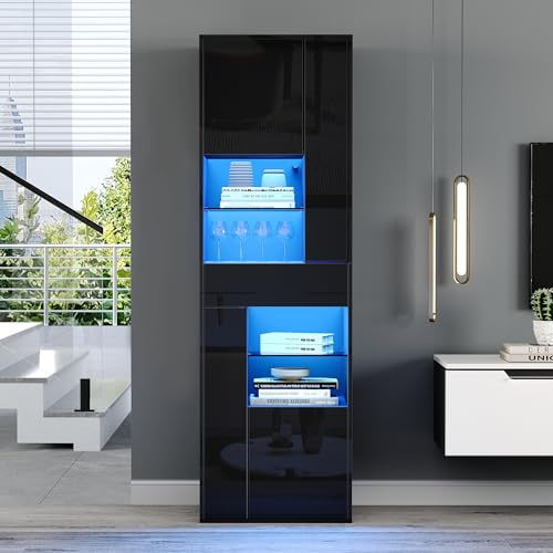 Glasvitrine mit App-gesteuerter LED-Beleuchtung & Hochglanz-Front – Vitrinenschrank mit 1 Schublade & 4 Türen, 11 Ablageflächen, Standvitrine & Hochschrank für Wohnzimmer – Schwarz, 55x38x170 cm