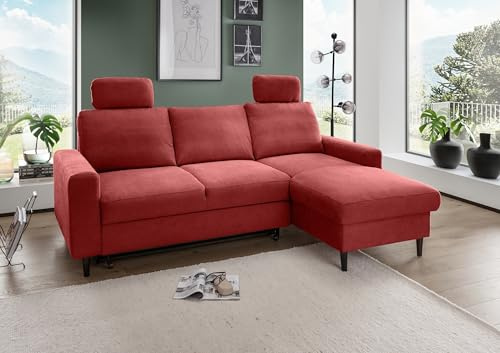möbelando Ecksofa Pris in Rot mit Schlaffunktion & Stauraum – Modernes Mikrofaser-Sofa (234 cm, Recamiere rechts, 195x116 cm Liegefläche) – Robuster Bezug, Teilmontage