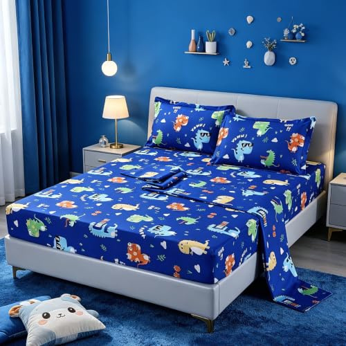 SDIII 4PCS Cute Dinosaur Sheet Set Twin, Soft Microfiber Bed Sheets for Kids Girls Boys and Dino Lovers
