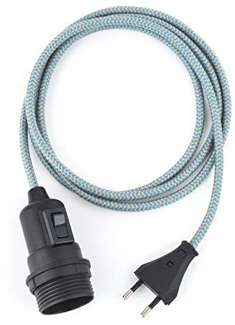 3m Plug-In Lampe LEINEN-BLAU, Textilkabel mit Lampenfassung aus Thermoplast (TEILGEWINDEMANTEL) mit Schalter und Eurostecker