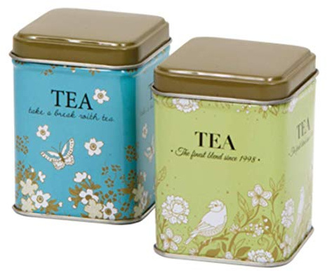 Set of 2 - Cottage Garden - Traditional Retro VIntage Small Square 50g Tea Caddy/Kitchen Storage Tins - BLUE/GREEN - 8.5 x 6 x 6cm