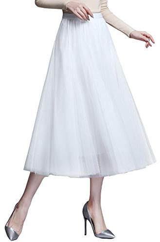 Damen Tüllrock Midi Faltenrock 78cm Länge Hoher Bund Schick Rock Elastisch Taille Drapiert Stoff, Weiß