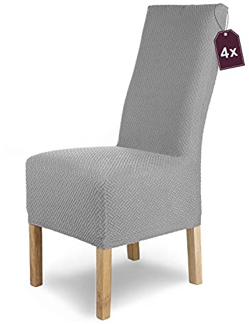 SCHEFFLER-Home Stuhlhussen Stretch Luna-Lang/Stuhlüberzug 4er Set Grau Lang/elastische Flanell Stuhlabdeckungen/Stuhlhussen Schwingstühle/Spann-Bezug Stuhl Überwurf als eleganter Schonbezug