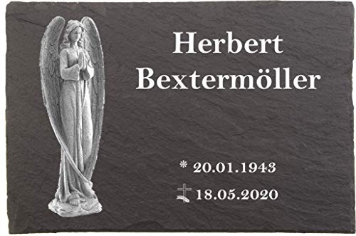 Urnengrabstein mit Engel, Grabstein, Grabplatten mit personalisierter Lasergravur, 30 x 20cm 100% witterungsbeständig - Naturschieferstein