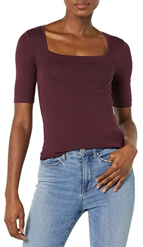 Amazon Essentials Women's Slim-Fit Half Sleeve Square Neck T-Shirt, Burgundy, L
