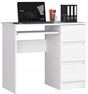 BDW Escritorio de ordenador blanco con 3 cajones a la derecha y un cajón deslizante para el teclado. Un escritorio para un ordenador de sobremesa o portátil, 90 x 77 x 50 cm