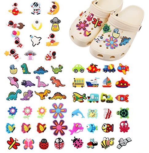 Pwsap 60PCS, süße Schuh anhänger für Schuhe, PVC Schuhdekoration anhänger umfassen Dinosaurier Fahrzeuge Blumen Insekten Meerestiere Astronauten, schöne CLOG Charms für Kinder Mädchen Jungen
