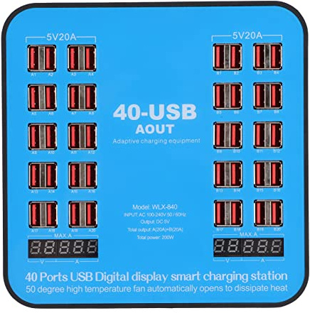 Annadue WLX-840 Cargador USB, 40 Puertos 200 W Estación de Carga USB Multipuerto, con Pantalla Digital LCD, Protección Múltiple, para Dispositivos Múltiples, Teléfonos, Tabletas, Portátiles, Etc(EU)
