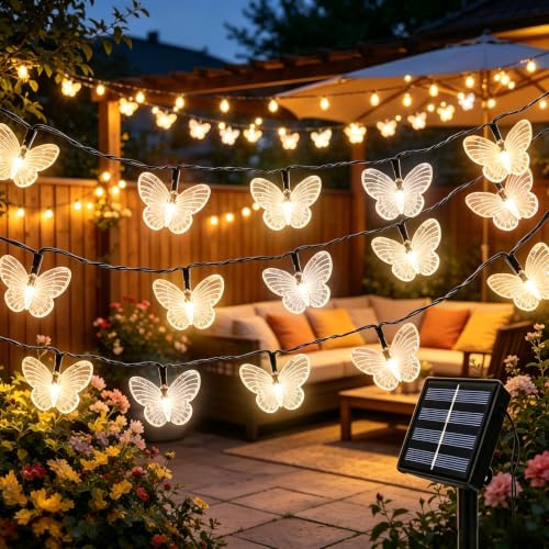 EONANT Solar Schmetterling Lichterkette, wasserdicht 20 Fuß 30Led Kristall Schmetterling Garten Solarlicht 8 Modi Outdoor Lichterkette Garten Rasen Weihnachtshochzeitsdekoration (Warmweiß)