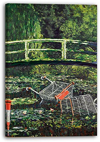Printistico Leinwandbild Banksy Meets Monet Japanische Brücke Seerosen - Klimaschutz Street-Art Moderner Kunstdruck Canvas