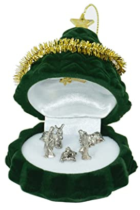 Mini crèche en forme de Sapin de Noël velouté et crèche en métal argenté. Miniature originale de collection Sainte Famille, crèche du Bœuf et de l'Âne. Idée cadeau décoration de Noël. 7 x 6 cm