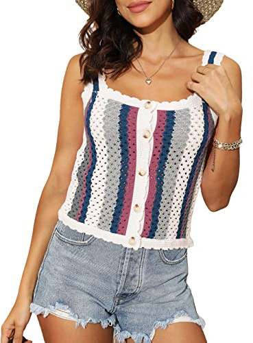 Lerrita Femme Eté sans Manches Tricot Cami Top Eté Bretelles Spaghetti Blouse sans Manches Crochet Débardeur Femme Elégant Bloc Couleur Gilet Chemise Rayures Casual Plage Débardeur Eté Hauts Tricotés