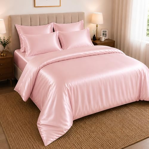 Hadi London Satin Silk 6 Piece Complete Bedding Set with Silky Deep Fitted Sheet Reversible Duvet Cover Comforter & 4 Pillowcases for Single Double King Super King Size Bed (Baby-Pink, Single)